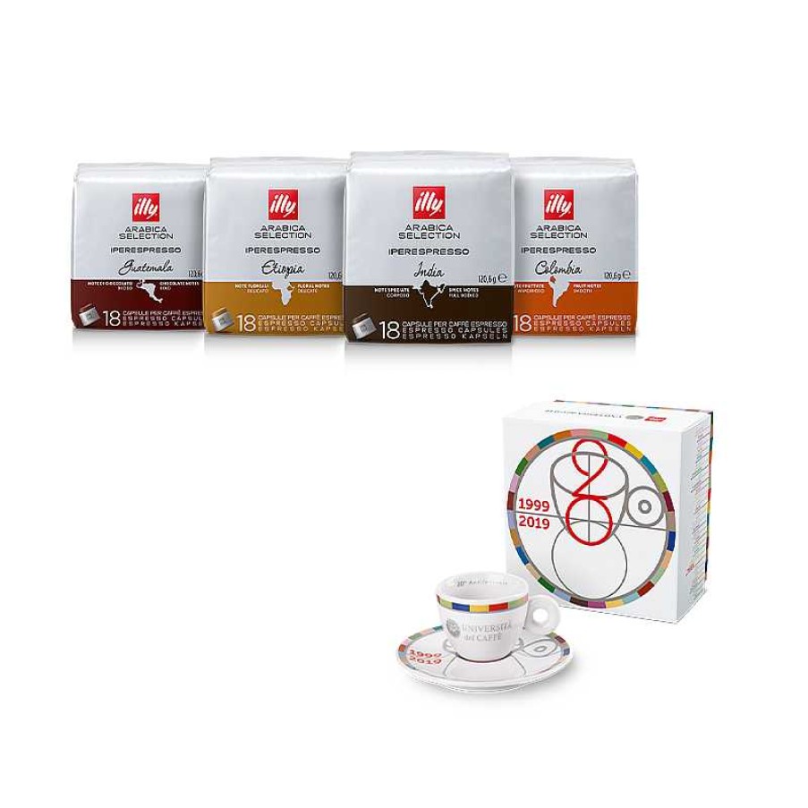 Koffie|Gastronomisch illy | Koffieproefpakket - 4 pakjes Iperespresso Arabica Selection-capsules en 20-jarig jubileum kopje Universita Del Caffe